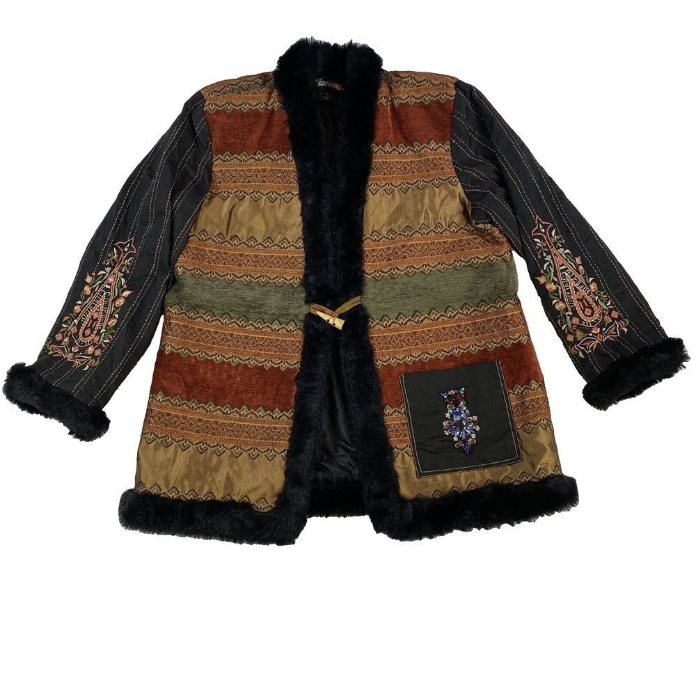 Beautiful VINTAGE Charisma Tapestry trench Coat‎ Size Extra Large XL embroidered